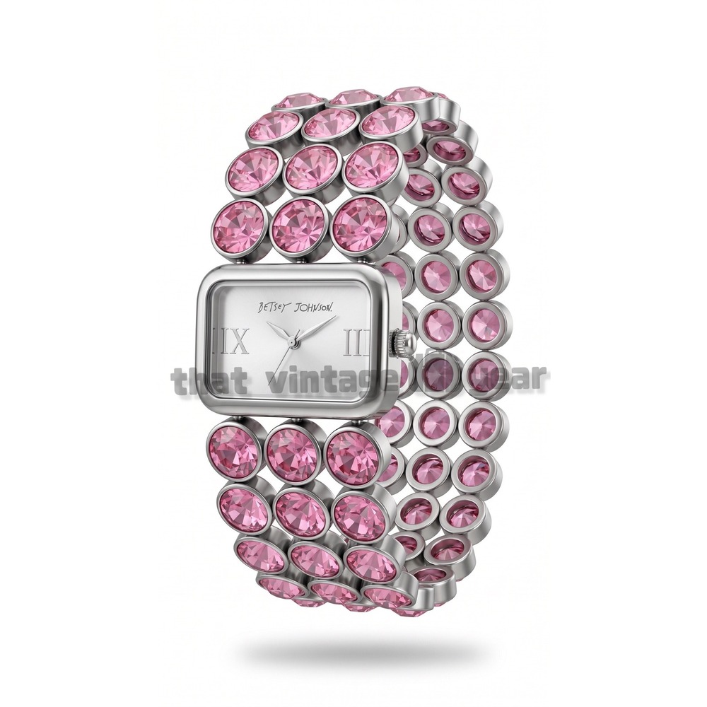 Betsey Johnson Vintage Sparkling Headlight Pink Gems Crystals Silver Bracelet